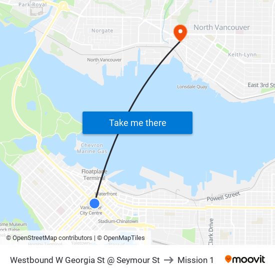 Westbound W Georgia St @ Seymour St to Mission 1 map