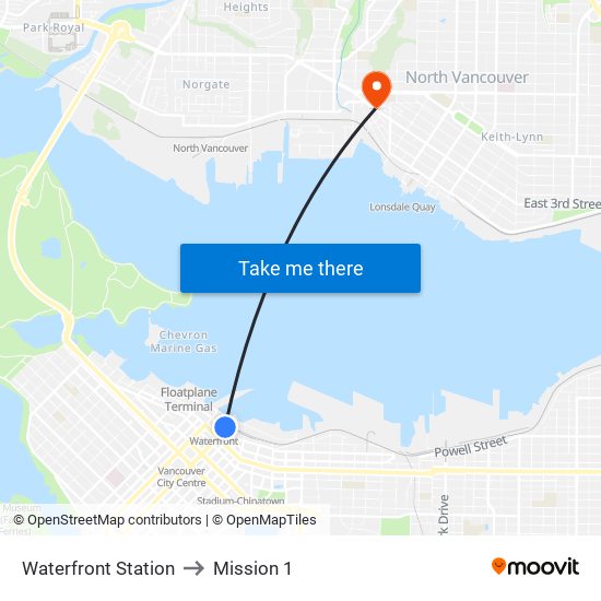 Waterfront Station to Mission 1 map