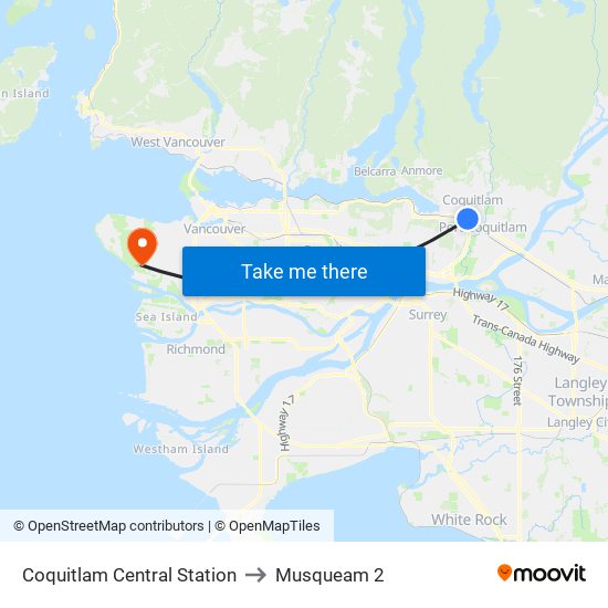 Coquitlam Central Station to Musqueam 2 map