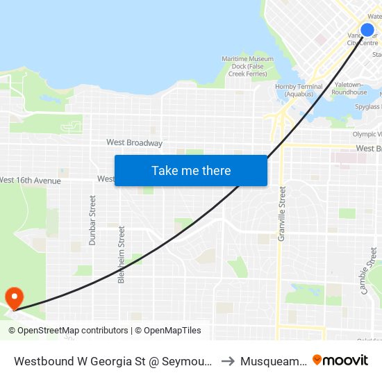 Westbound W Georgia St @ Seymour St to Musqueam 2 map