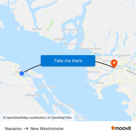 Nanaimo to New Westminster map