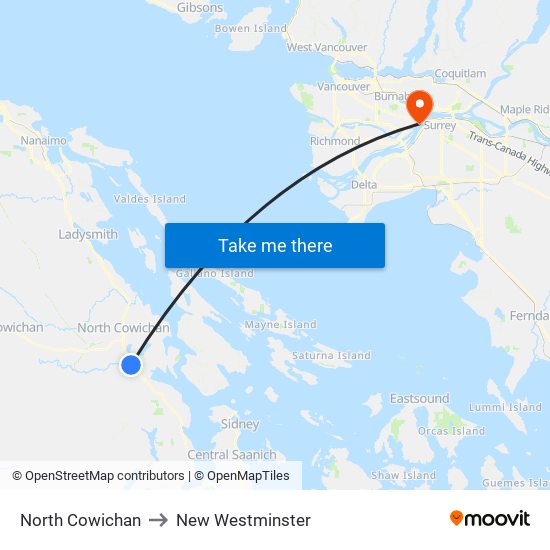 North Cowichan to New Westminster map