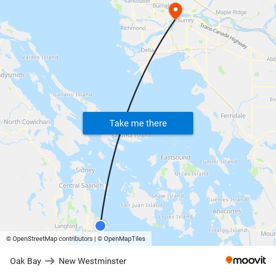 Oak Bay to New Westminster map