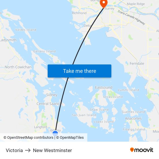 Victoria to New Westminster map