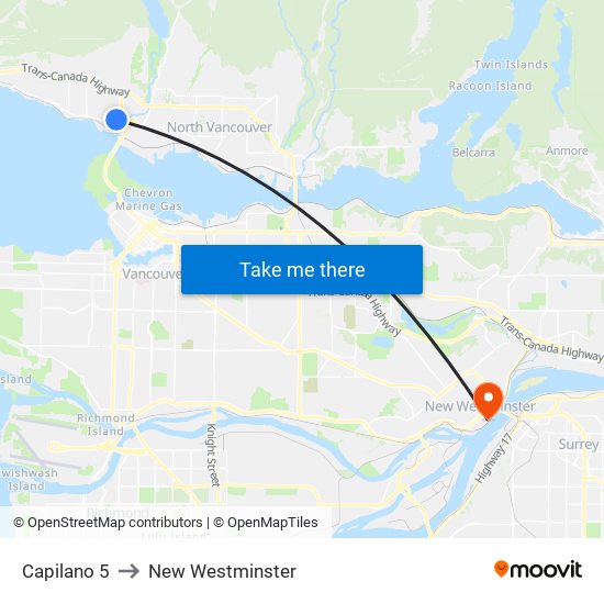 Capilano 5 to New Westminster map