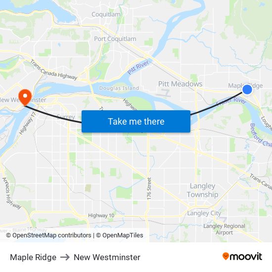 Maple Ridge to New Westminster map