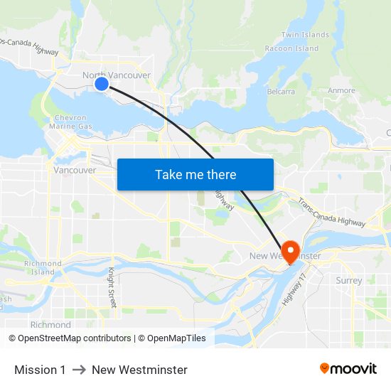 Mission 1 to New Westminster map