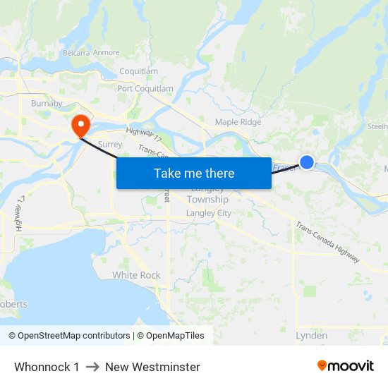 Whonnock 1 to New Westminster map