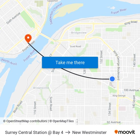 Surrey Central Station @ Bay 4 to New Westminster map