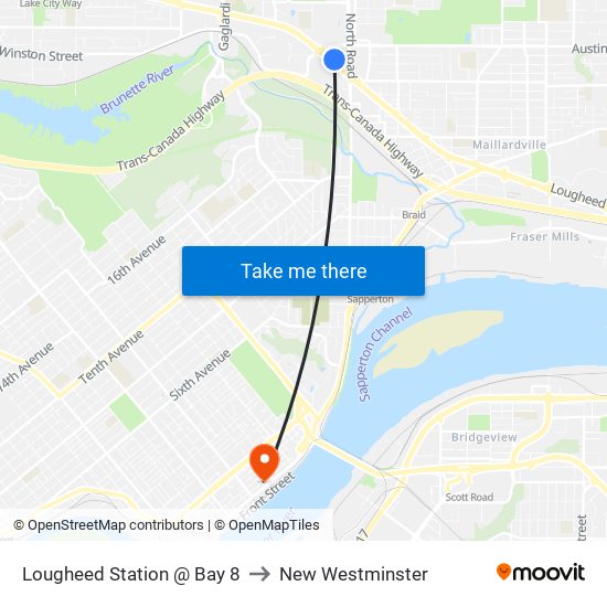 Lougheed Station @ Bay 8 to New Westminster map