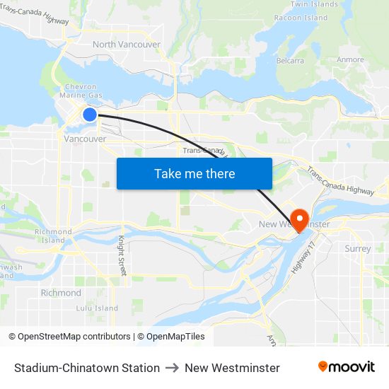 Stadium-Chinatown Station to New Westminster map