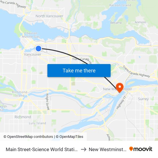 Main Street-Science World Station to New Westminster map