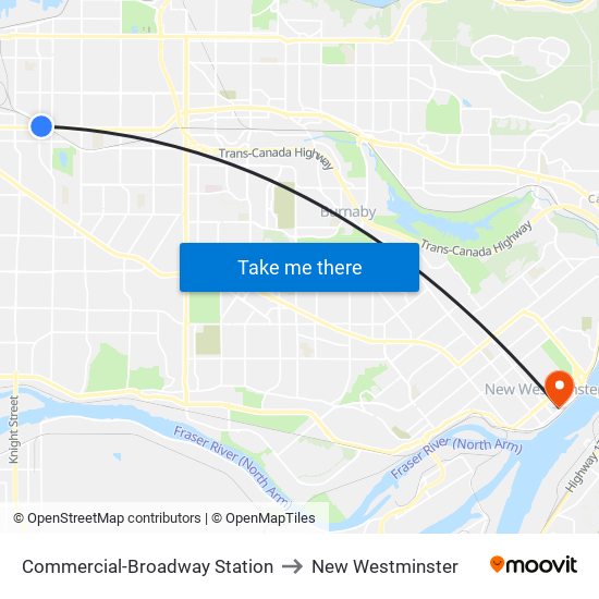 Commercial-Broadway Station to New Westminster map