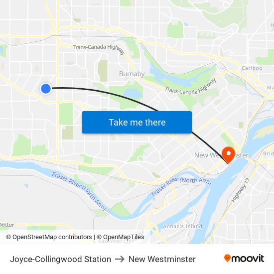 Joyce-Collingwood Station to New Westminster map