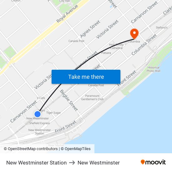 New Westminster Station to New Westminster map