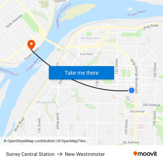 Surrey Central Station to New Westminster map