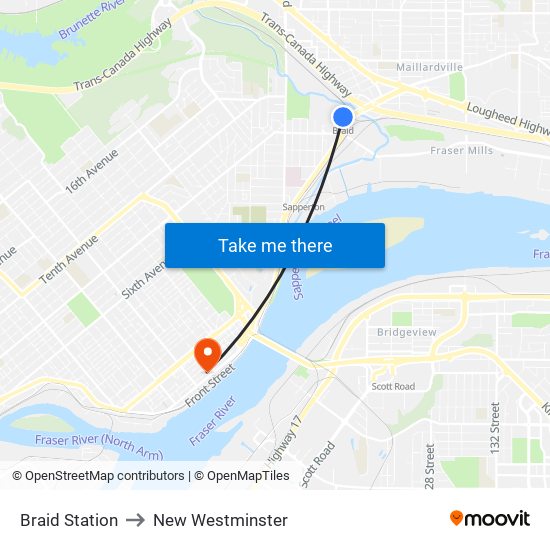 Braid Station to New Westminster map