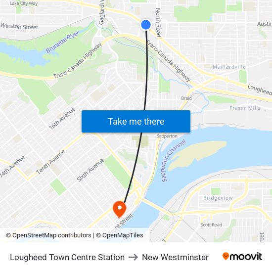 Lougheed Town Centre Station to New Westminster map