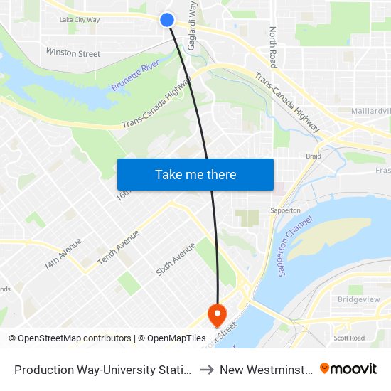 Production Way-University Station to New Westminster map