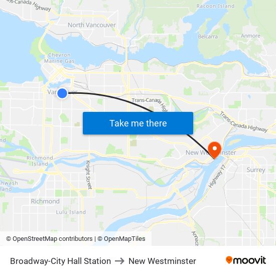 Broadway-City Hall Station to New Westminster map