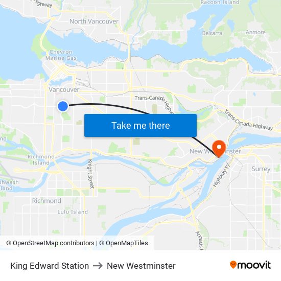 King Edward Station to New Westminster map