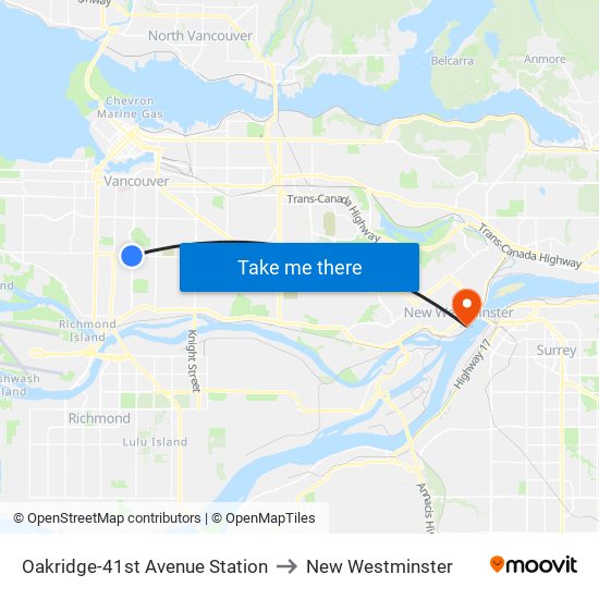 Oakridge-41st Avenue Station to New Westminster map