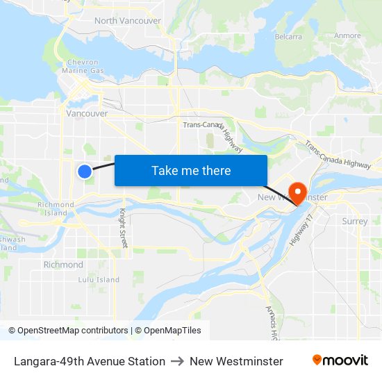 Langara-49th Avenue Station to New Westminster map