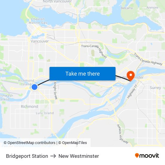 Bridgeport Station to New Westminster map