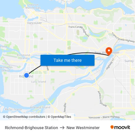 Richmond-Brighouse Station to New Westminster map