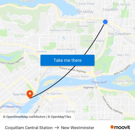 Coquitlam Central Station to New Westminster map