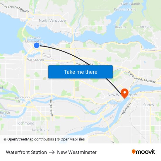 Waterfront Station to New Westminster map
