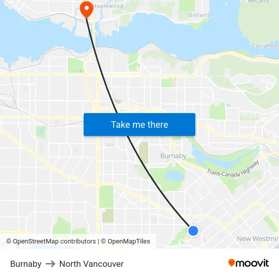 Burnaby to North Vancouver map