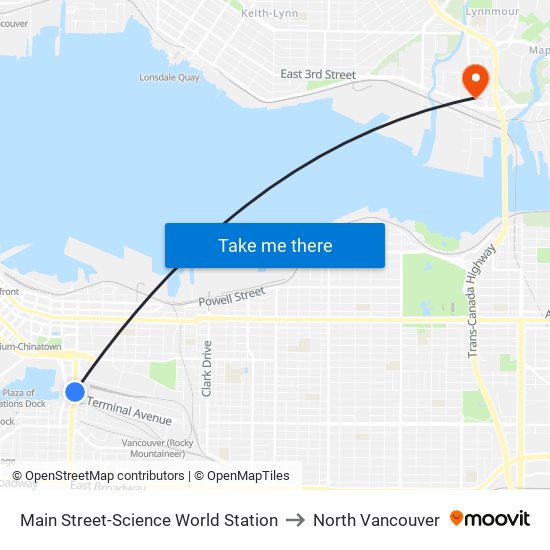 Main Street-Science World Station to North Vancouver map