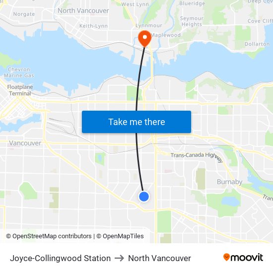 Joyce-Collingwood Station to North Vancouver map