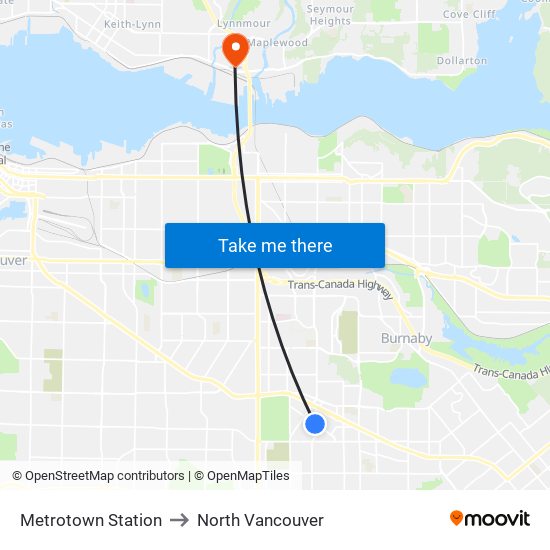 Metrotown Station to North Vancouver map