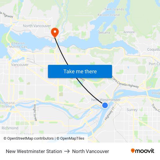New Westminster Station to North Vancouver map