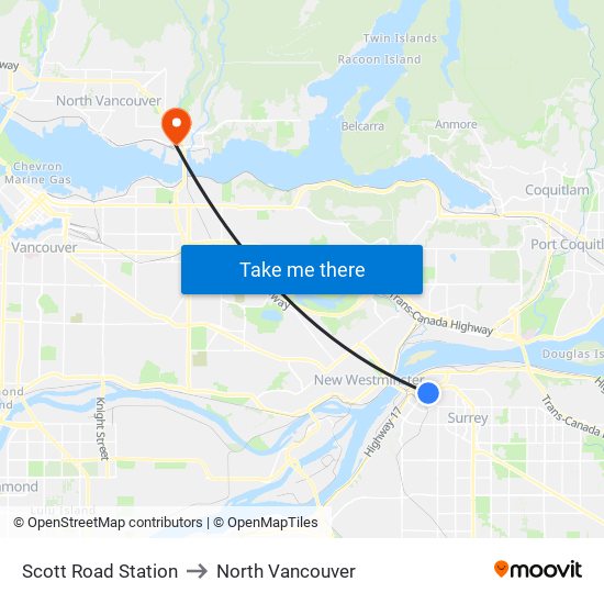 Scott Road Station to North Vancouver map
