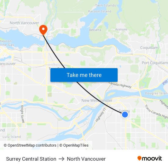 Surrey Central Station to North Vancouver map