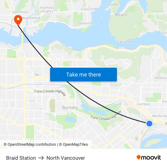 Braid Station to North Vancouver map