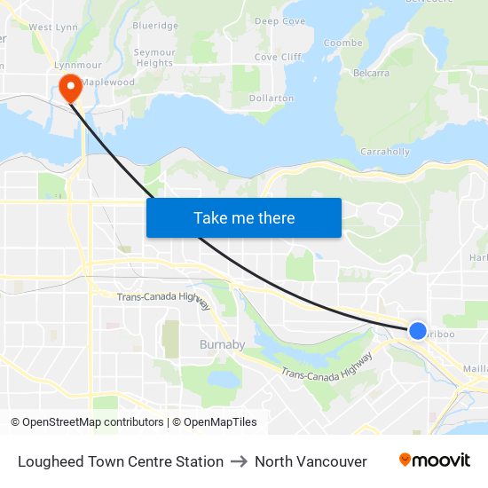 Lougheed Town Centre Station to North Vancouver map