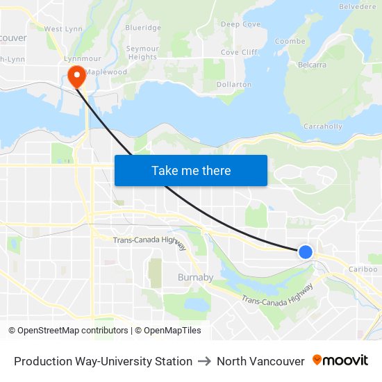 Production Way-University Station to North Vancouver map