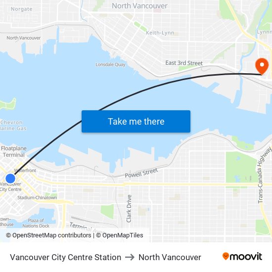 Vancouver City Centre Station to North Vancouver map