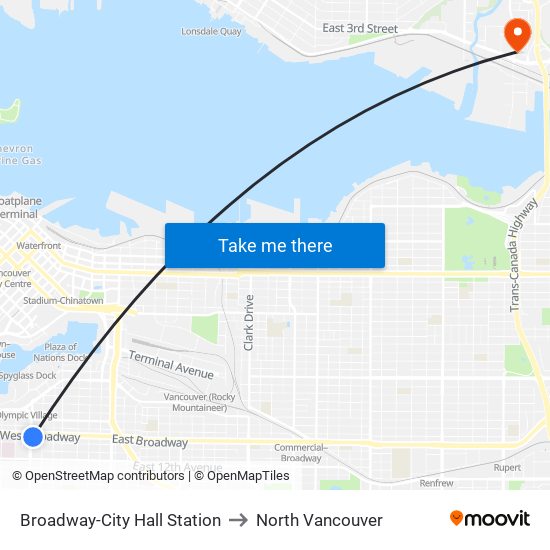 Broadway-City Hall Station to North Vancouver map
