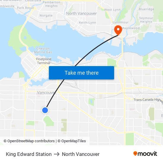 King Edward Station to North Vancouver map
