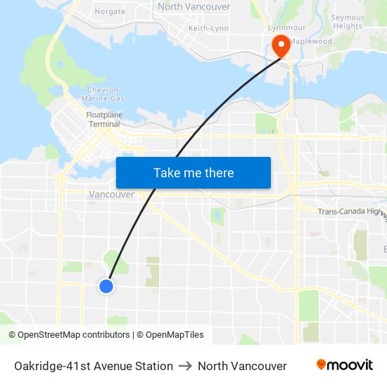 Oakridge-41st Avenue Station to North Vancouver map