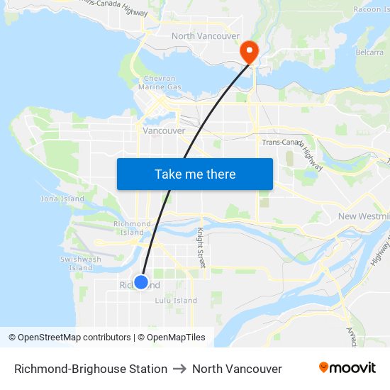 Richmond-Brighouse Station to North Vancouver map