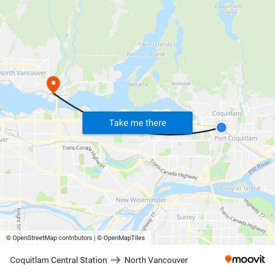 Coquitlam Central Station to North Vancouver map