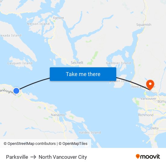 Parksville to North Vancouver City map