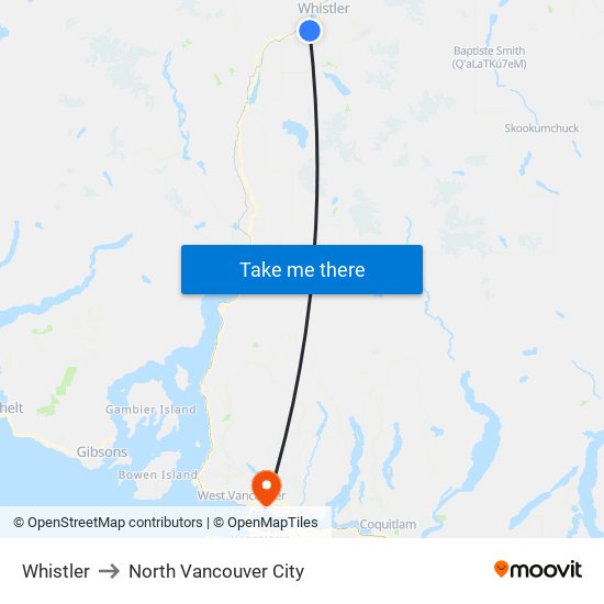 Whistler to North Vancouver City map