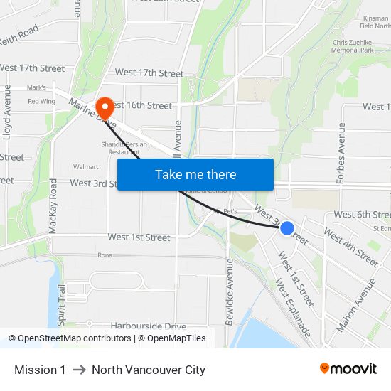 Mission 1 to North Vancouver City map